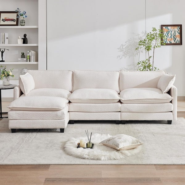 112.2 in. W Beige Chenille Fabric Straight Arm L-Shaped Sectional Sofa Couch with Ottoman for Living Room