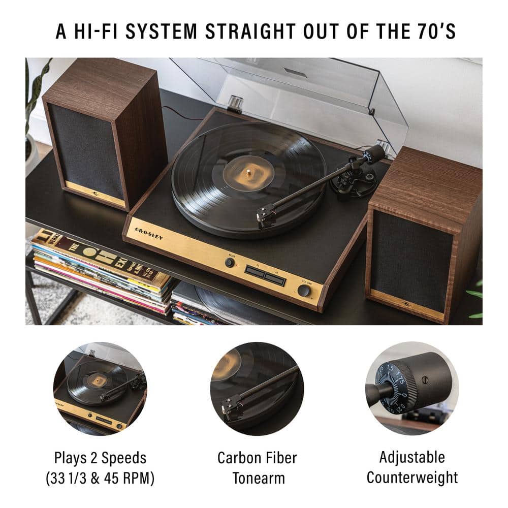 Walnut 2-Speed Belt-Drive Turntable with 120W Speakers