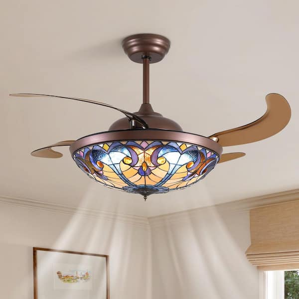 52 in. Downrod Mount Indoor Brown Tiffany Fandelier Retractable Ceiling Fan with Dimmable LED and Remote App Control