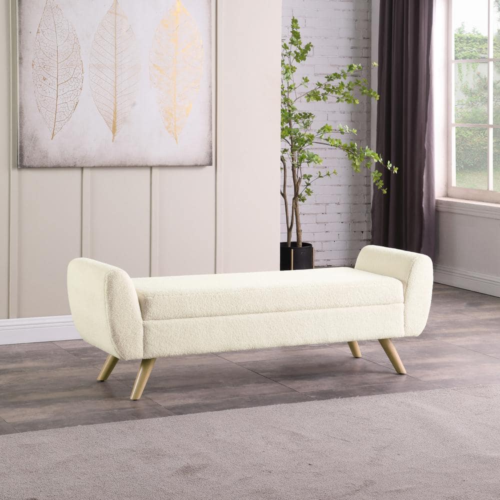Cream Faux Shearling Storage Bench with Wood Legs