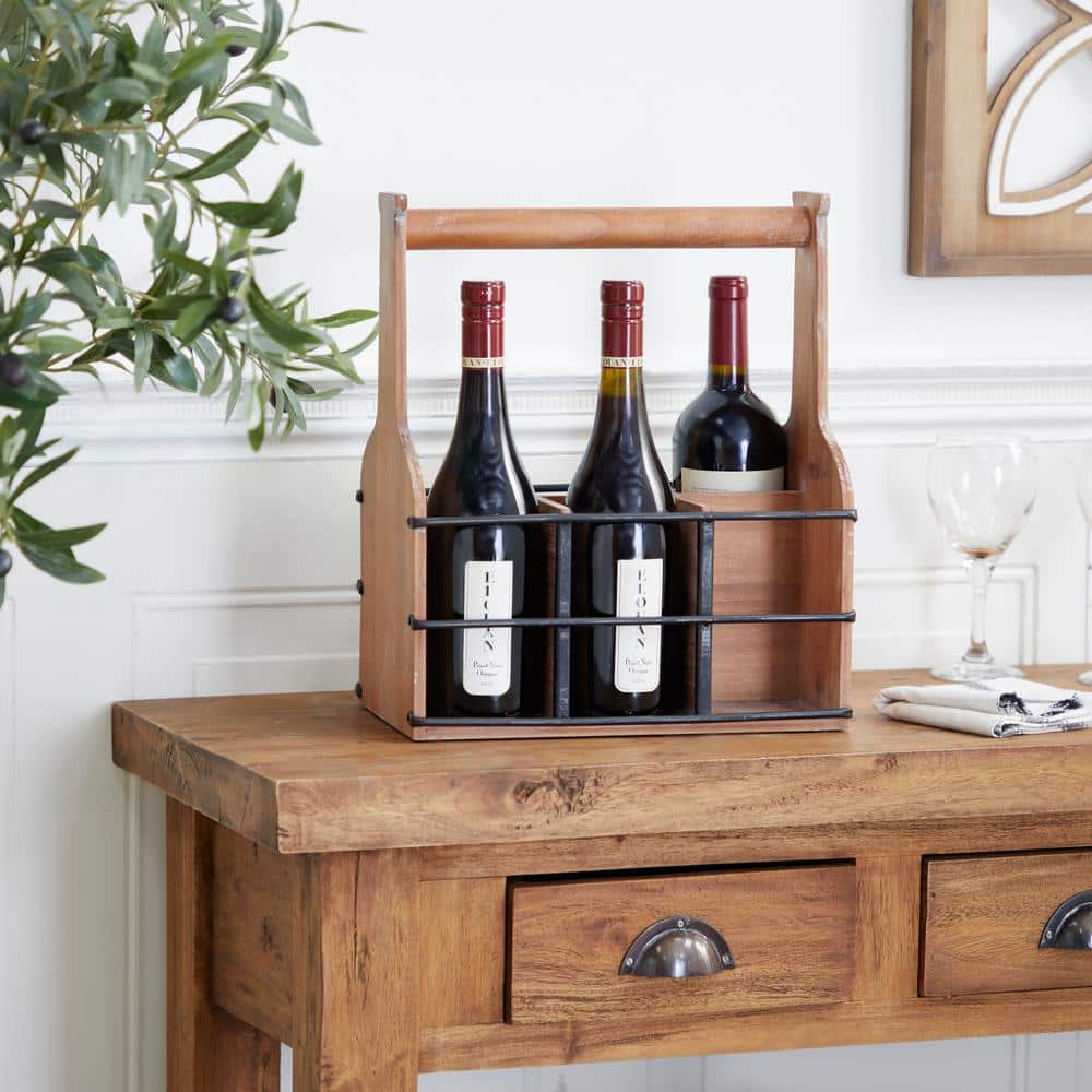 Rustic Brown Wood and Black Metal 6-Bottle Wine Rack