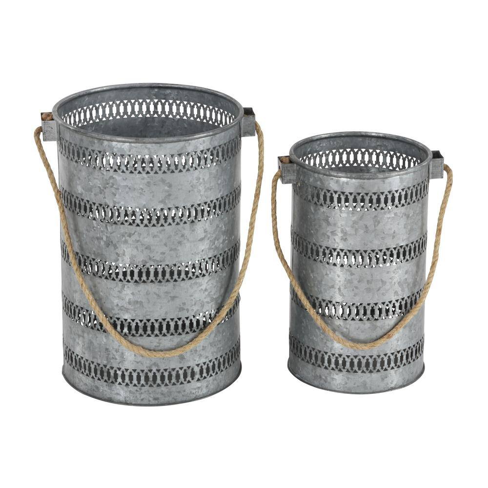 Elegant Coastal Grey Metal Candle Lantern Set, 10" and 12"
