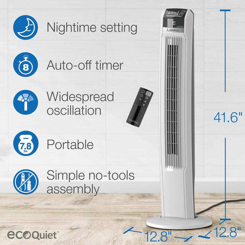 White EcoQuiet Oscillating Tower Fan with Remote Control