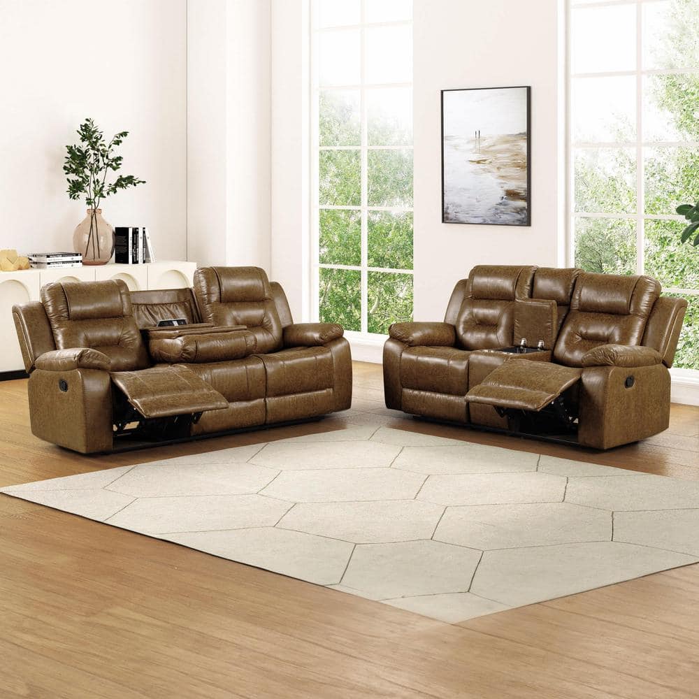 Furniture of America Salisbur 2-Piece Brown Faux Leather Living