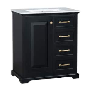 30 in. W x 18.3 in. D x 34 in. H Single Sink Bath Vanity in Black with White Ceramic Top, 3 Drawers and Door Shelf