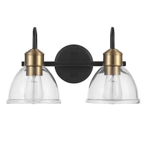 16 in. 2-Light Matte Black Vanity Light with Antique Brass Sockets and Clear Glass Shades