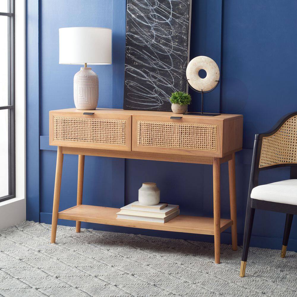 Natural Wood and Rattan 47" Console Table with Storage