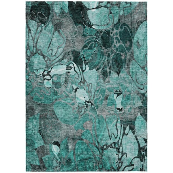HomeRoots Teal Black and Gray 10 ft. x 14 ft. Woven Floral Rectangle Indoor/Outdoor Area Rug