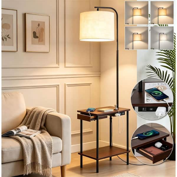 62 in. Walnut Dimmable Tray Table Standard Floor Lamp with USB Charging Port Plus AC Outlet, Drawer and Remote Control