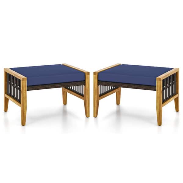25.5 in. W x 16 in. H Patio Acacia Wood Outdoor Ottoman Rattan Woven Footstools with Blue Cushions (2 Pack)