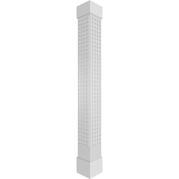 Ekena Millwork 7-5/8 in. x 8 ft. Premium Square Non-Tapered Manchester Fretwork PVC Column Wrap Kit with Standard Capital and Base