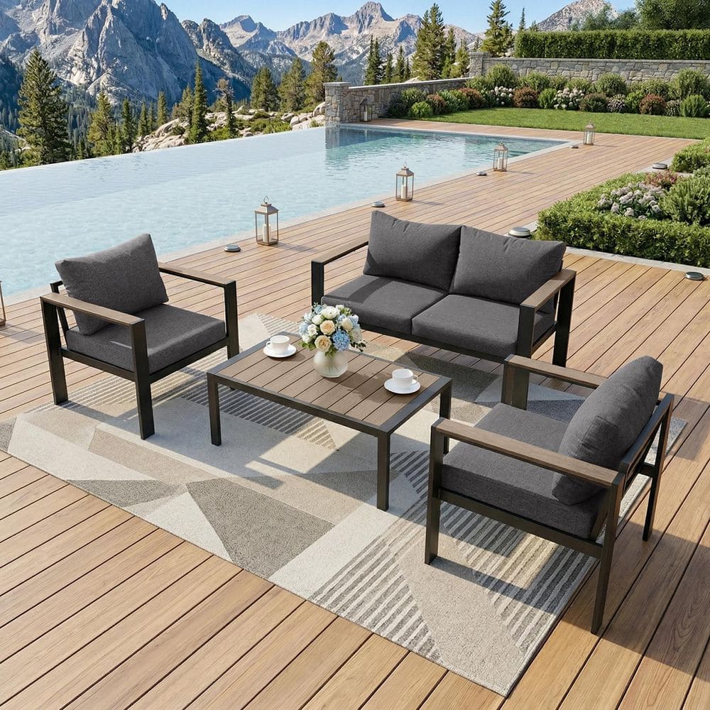 Modern Dark Gray 4-Piece Aluminum Patio Conversation Set with Olefin Dark Gray Cushions price history on PriceWatchPro