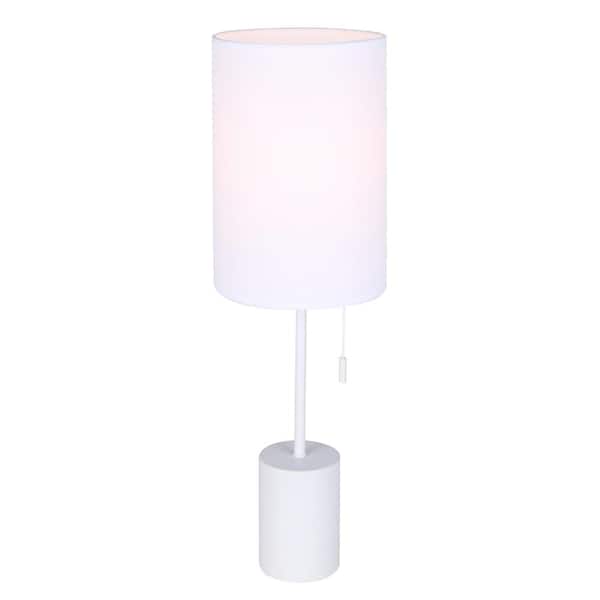 CANARM Flint 23 in. White Table Lamp with White Fabric Shade and Pull Chain Switch