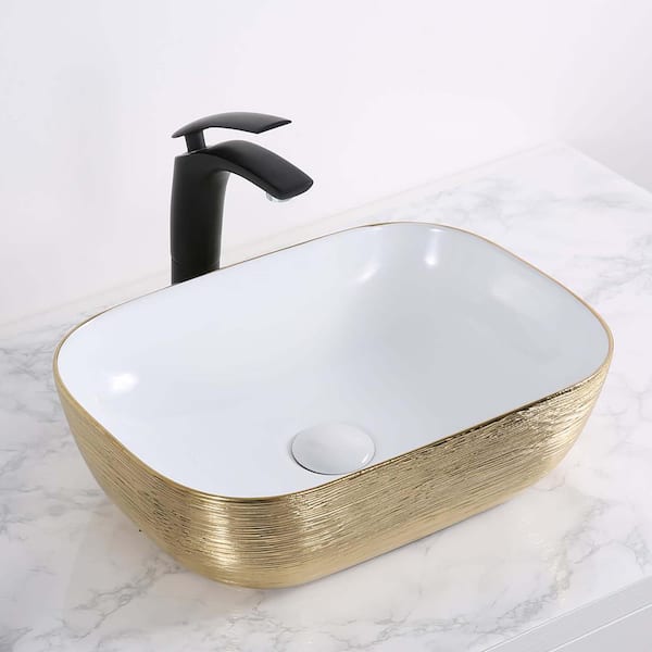 Pietra 20 in. Vessel Bathroom Sink in White and Gold Porcelain