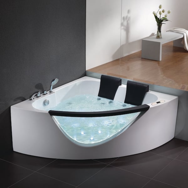 EAGO 61 in. Acrylic Offset Drain Corner Apron Front Whirlpool Bathtub in White