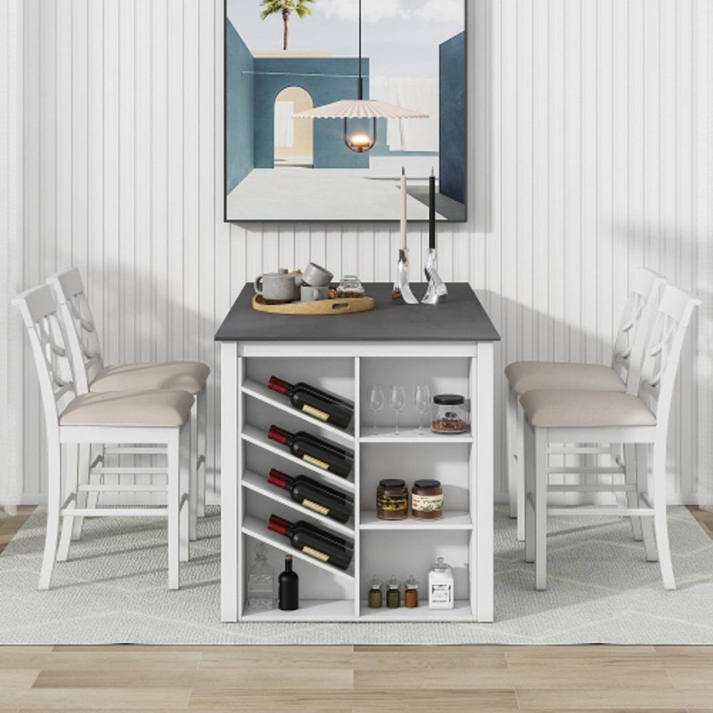 White 5-Piece Wood Counter Height Table with Wine Rack 4 Upholstered Chairs