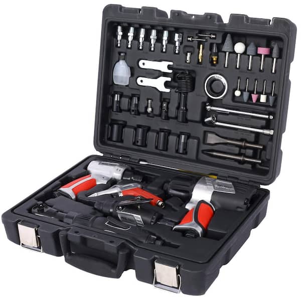 Flynama 44-Piece Air Tool and Accessories Kit Impact Wrench, Air Ratchet, Die Grinder, Aire Hammer, Hose Fittings in Red