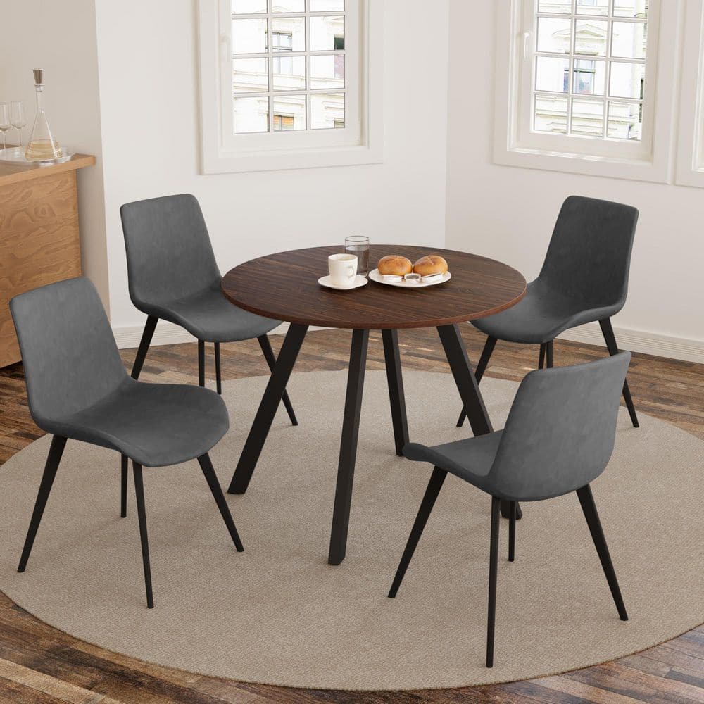 GOJANE 5-Piece 34.6 in. Modern Round Dining Table with 4-Dining Chairs(Walnut Table Plus 4-Grey ...