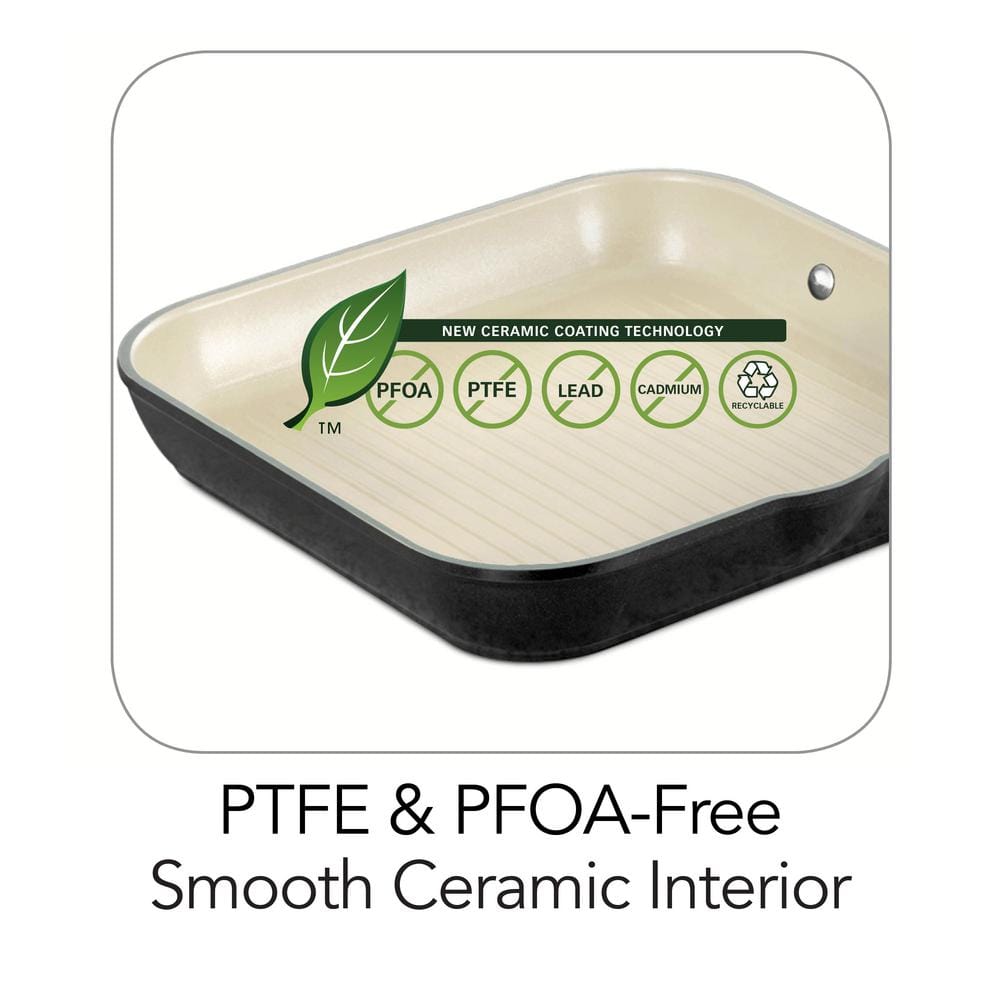11-Inch Metallic Black Ceramic Square Grill Pan with Stainless Steel Handle