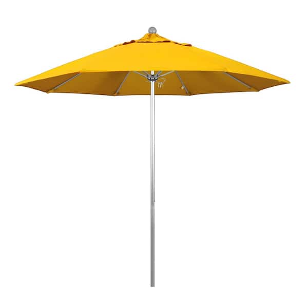 California Umbrella 9 ft. Silver Aluminum Commercial Market Patio Umbrella with Fiberglass Ribs and Push Lift in Sunflower Yellow Sunbrella