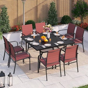 Black 9-Piece Metal Patio Outdoor Dining Set with Slat Square Table and Red Textilene Chairs
