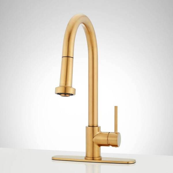 SIGNATURE HARDWARE Ridgeway Single Handle Pull Down Sprayer Kitchen Faucet with Escutcheon in Brushed Gold