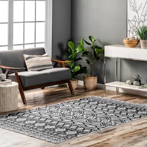 Madlyn Tribal Machine Washable Charcoal Doormat 3 ft. x 5 ft. Indoor Rectangle Accent Rug