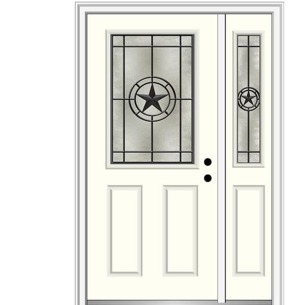 MMI Door Elegant Star 48 in. x 80 in. Left-Hand Inswing 1/2 Lite Decorative Glass Alabaster Painted Fiberglass Prehung Front Door
