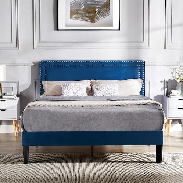 VECELO Upholstered Bed with Adjustable Headboard, No Box Spring Needed Platform Bed Frame, Bed Frame Blue Full Bed