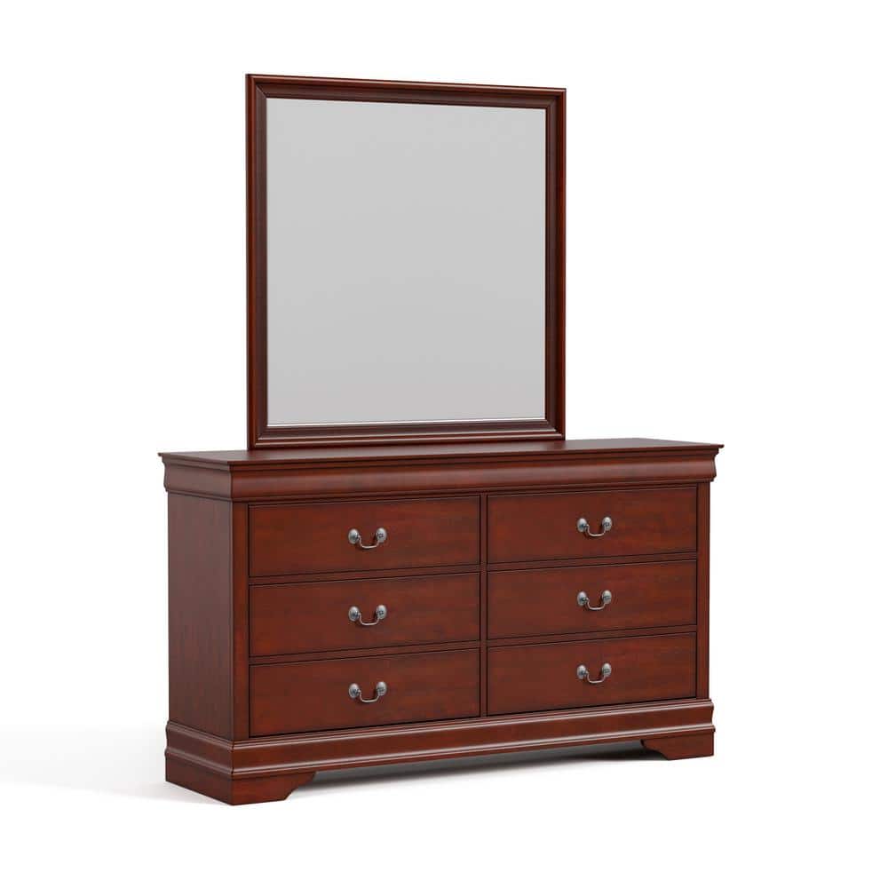 Cherry Wood 6-Drawer Dresser with Mirror and Antique Handles