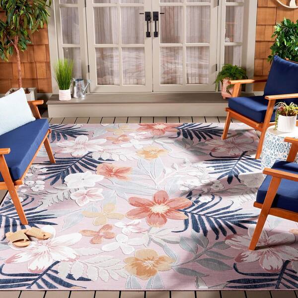 Cabana Pink/Gray 6 ft. x 6 ft. High-Low Floral Leaf Indoor/Outdoor Square Area Rug