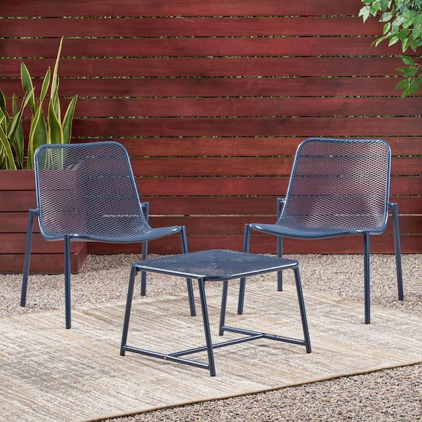 Noble House Bucknell Matte Navy Blue 3-Piece Metal Outdoor Patio Conversation Seating Set