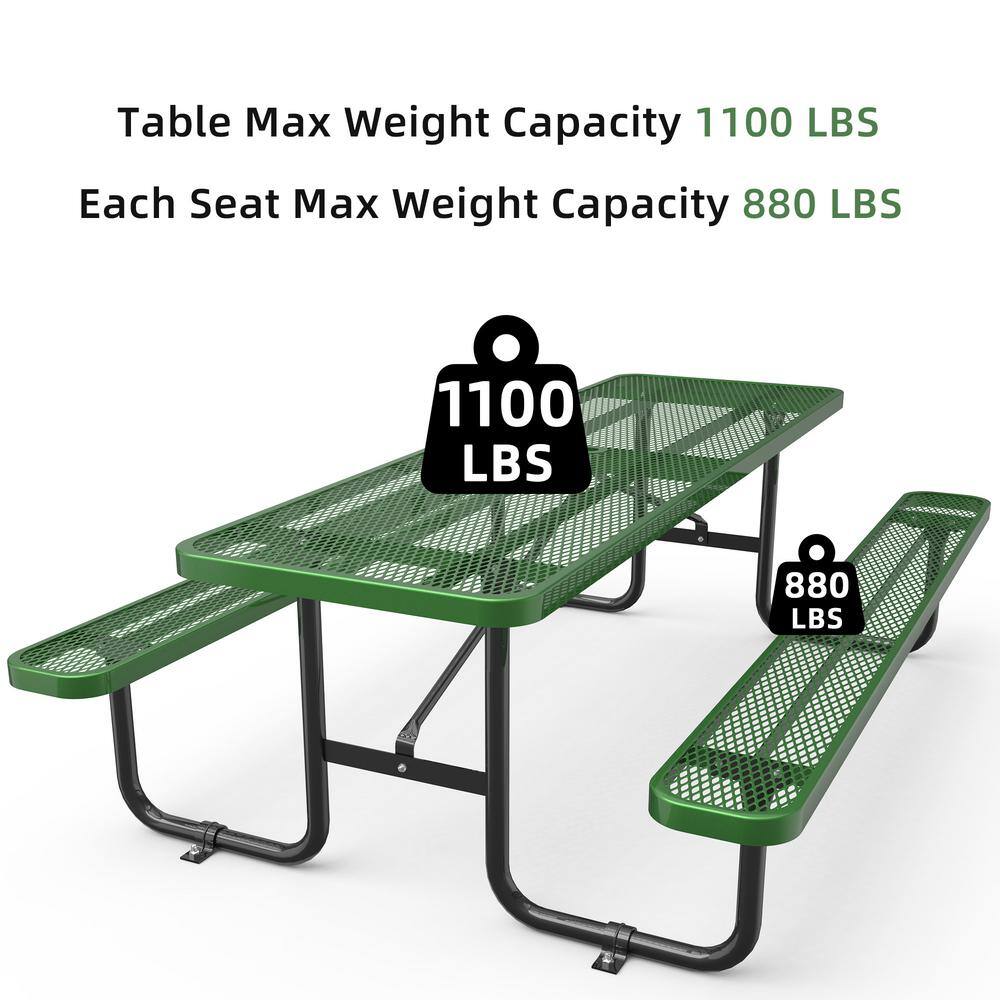 96" Green Steel Rectangular Outdoor Picnic Table with Umbrella Hole