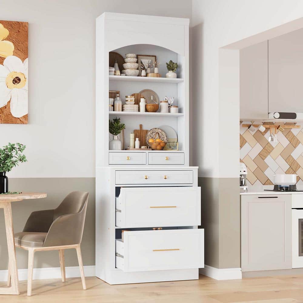 Modern 83.7 in. White Kitchen Pantry Cabinet with Faux Marble Top, Freestan