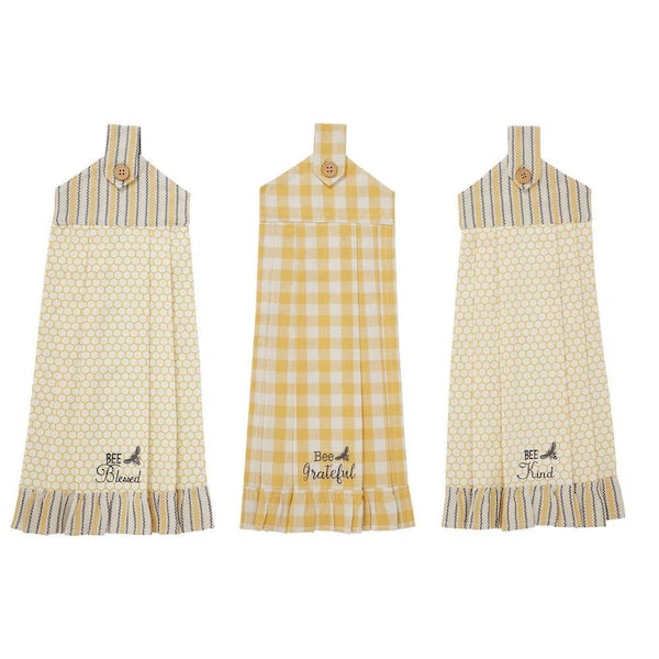 Buzzy Bees Vintage Yellow, Antique White Novelty Button Loop Cotton Kitchen Tea Towel Set (Set of 3)