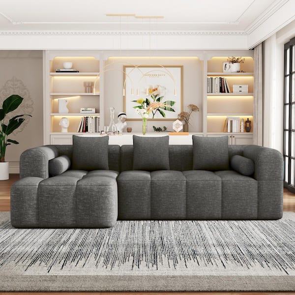 101.2 in. Chenille Fabric Sponge Sectional Sofa in. Gray with 3 Square Pillows, 2 Bolster Pillows