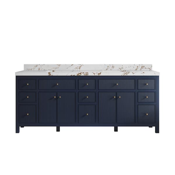Willow Collections Sonoma 84 in. Double Sink Freestanding Navy Blue Bath Vanity with Viola Brown Qt. Top Unassembled