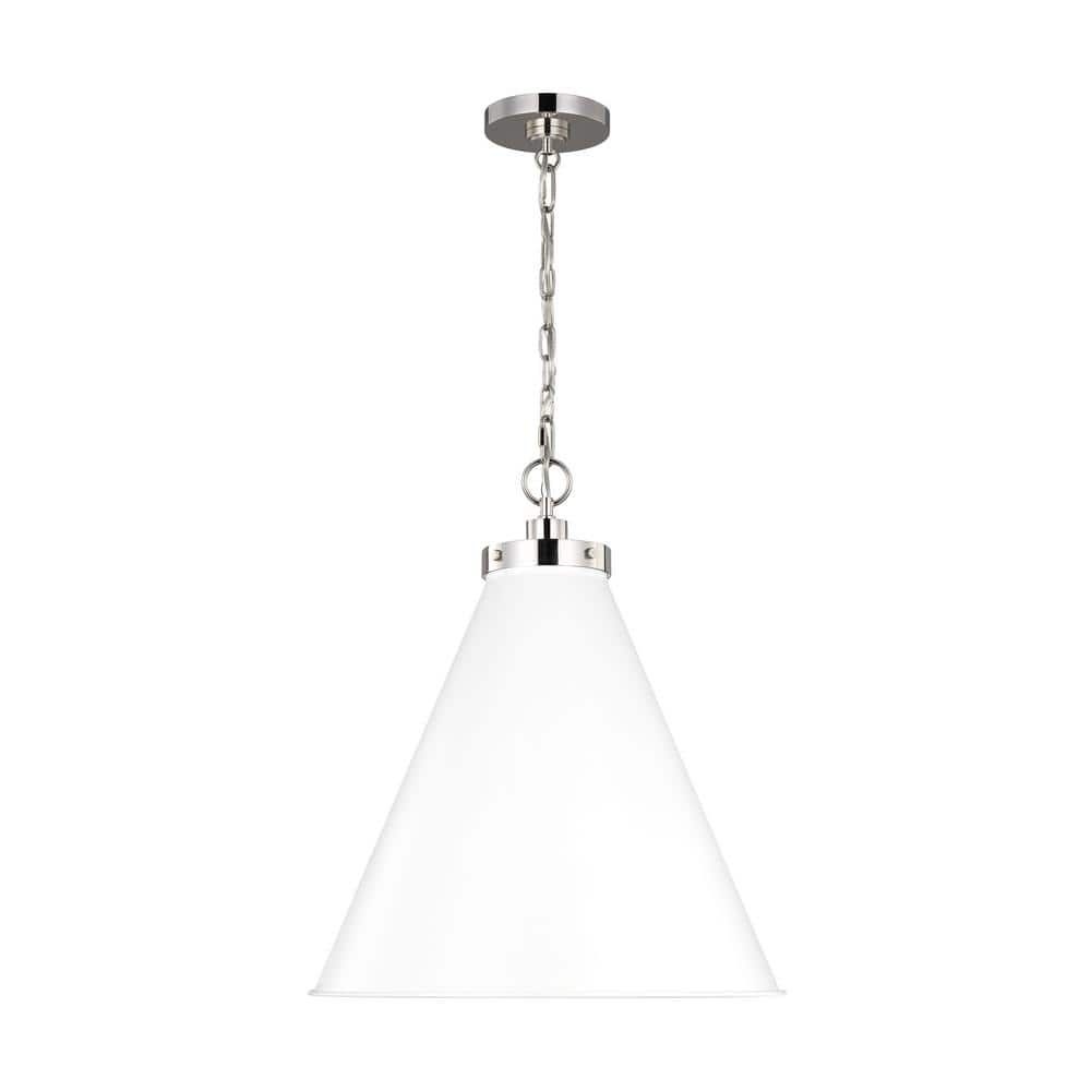Matte White and Polished Nickel Indoor/Outdoor Cone Pendant Light