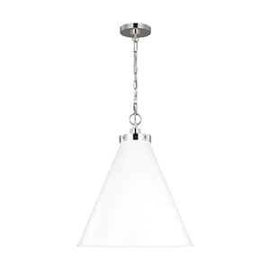 Wellfleet 19.5 in. W x 22.625 in. H 1-Light Matte White/Polished Nickel Large Cone Pendant Light with Metal Shade