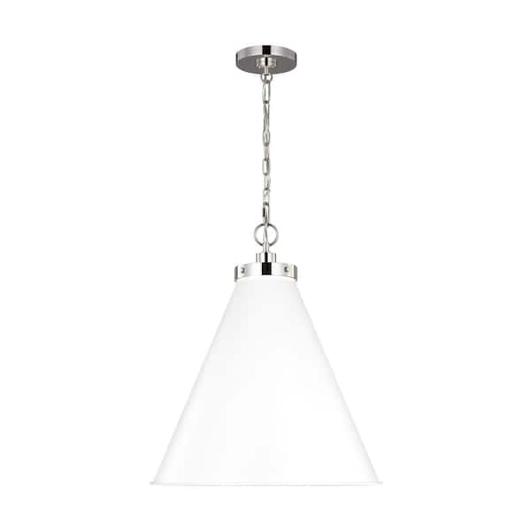 Generation Lighting Wellfleet 19.5 in. W x 22.625 in. H 1-Light Matte White/Polished Nickel Large Cone Pendant Light with Metal Shade