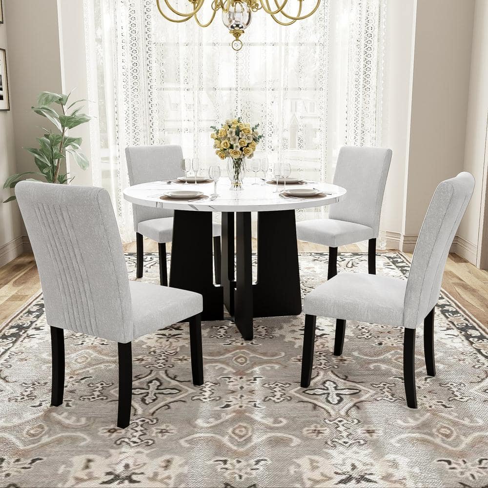 5-Piece Black Wood Outdoor Dining Set with White Cushions, Round Dining Tab