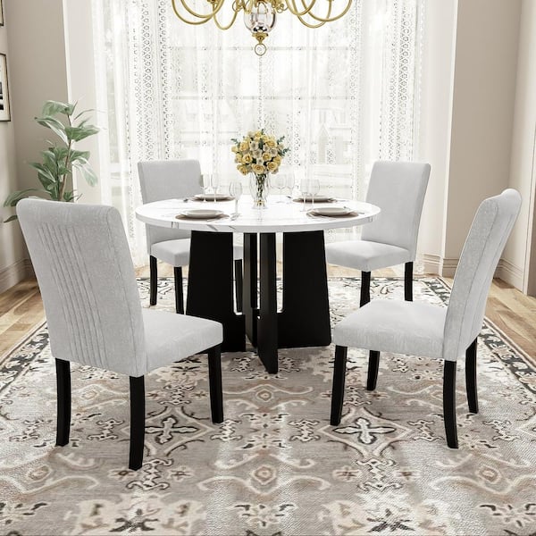 Unbranded 5-Piece Black Wood Outdoor Dining Set with White Cushions, Round Dining Table, 4 Upholstered Chairs for Dining Room
