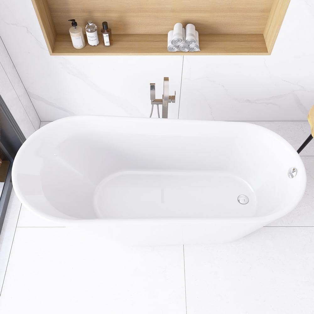Glossy White Acrylic Freestanding Oval Soaking Bathtub