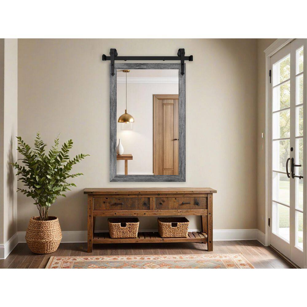 (33 in. W x 56 in. H) Grey Modern Rustic Vertical Mirror with Steel Barn Door Rail price history on PriceWatchPro