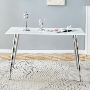 Modern Rectangle White Faux Marble 54 in.4 Legs Dining Table Seats for 6