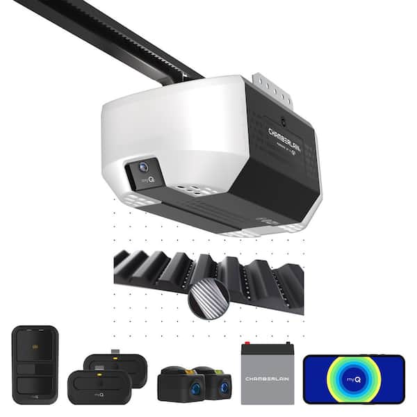 3/4 HP Belt Drive Smart Garage Door Opener with Fixed Camera, Battery Backup, 2-Bulb Lighting, and myQ Connectivity