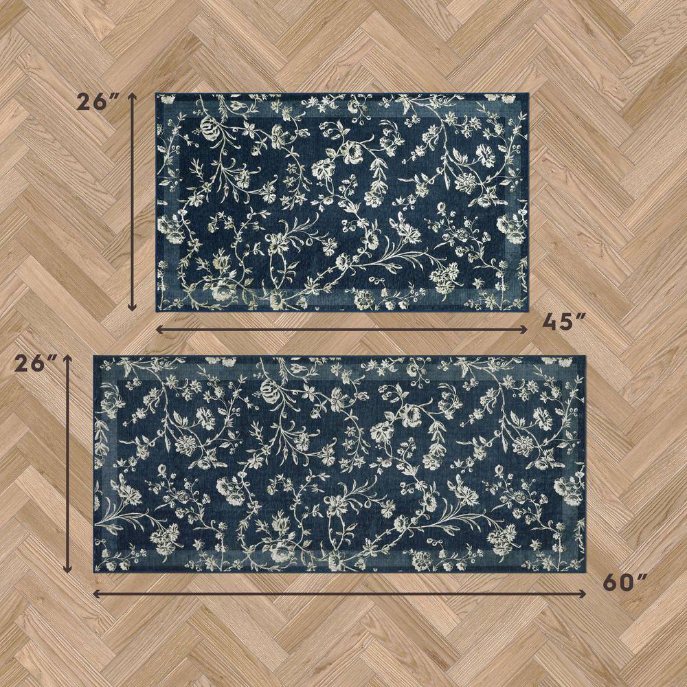 Dark Navy Floral Chenille Machine Washable Non-Slip Rug Set