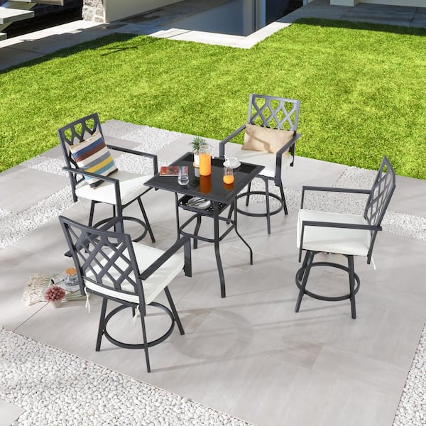 TOP HOME SPACE Black 5-Piece Metal Outdoor Bistro Set with White Cushion
