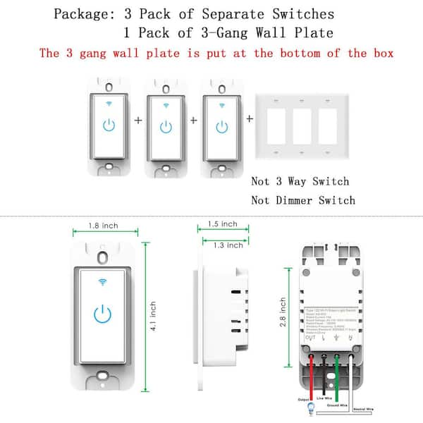 Touchscreen Light Switch, White WiFi Smart Wall Switch with App Timer, Voice Control and Neutral Wire Required, 2-Pack