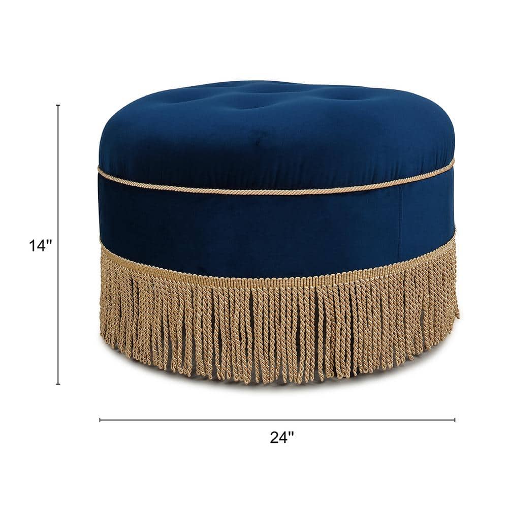 Navy Blue Velvet Tufted Round Ottoman with Fringe